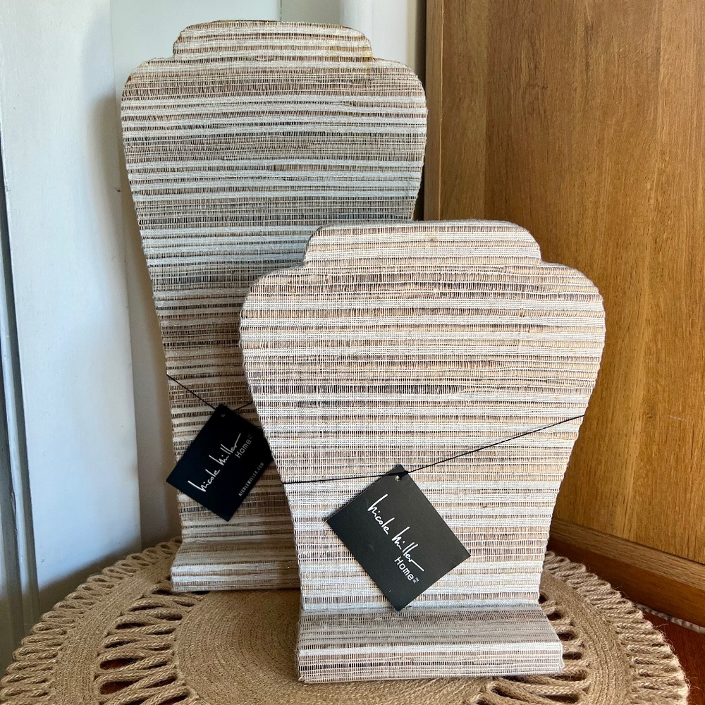 Set of 2 Nicole Miller Woven Necklace Holder Display Bust Beige & Brown Striped